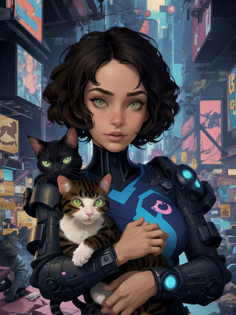 close-up, a girl holding a cat, midnight, cyberpunk city
perfection, beautiful, masterpiece, detailed